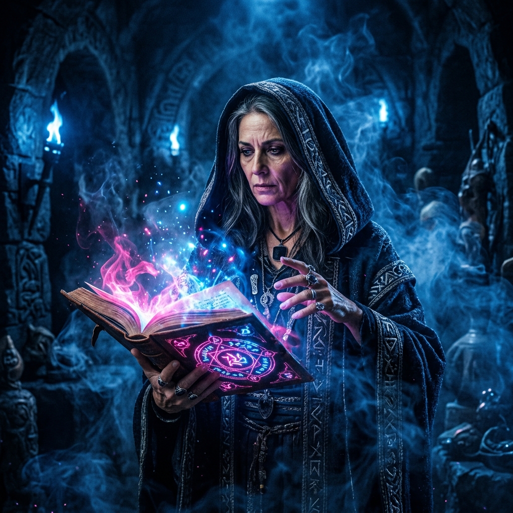 AI generated wizard writing in a glowing book